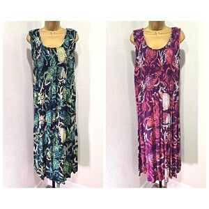 Lot of 2 Smocked Midi Dress XL Blue Purple Cottage Peasant Floral Resort Summer